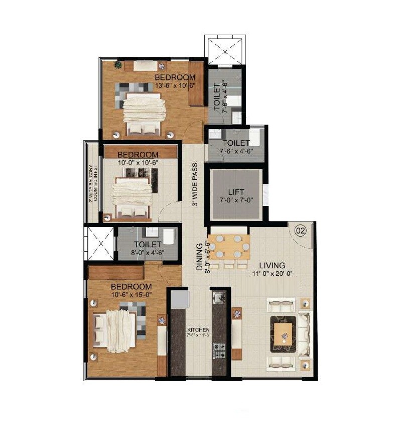 Floor plan of 2 BHK 775 Sq. Ft. Apartment in Zee Manubharati, Mumbai