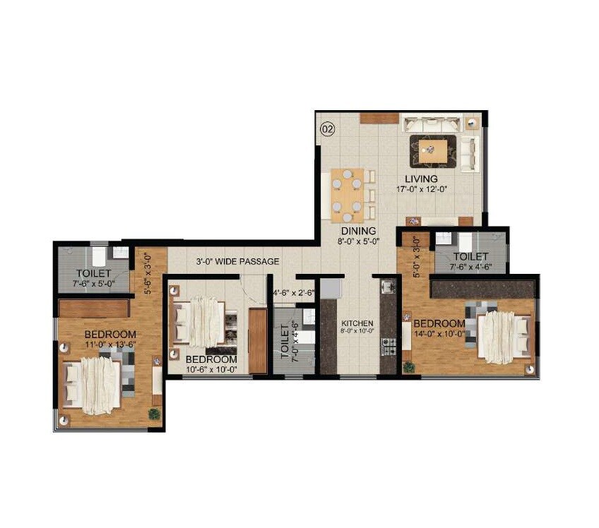 Floor plan of 3 BHK 1073 Sq. Ft. Apartment in Zee Manubharati, Mumbai