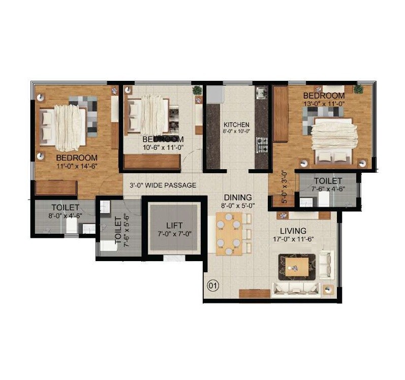 Floor plan of 3 BHK 1010 Sq. Ft. Apartment in Zee Manubharati, Mumbai