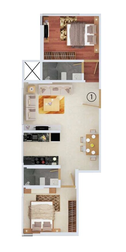 Floor plan of 2 BHK 653 Sq. Ft. Apartment in Zee Milan, Mumbai