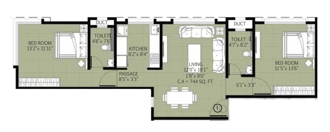 Floor plan of 2 BHK 776 Sq. Ft. Apartment in Zee Sahyadri, Mumbai
