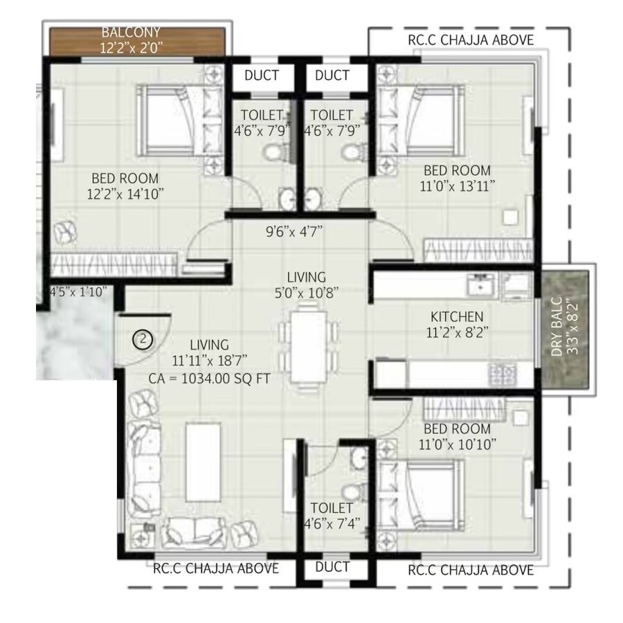 Floor plan of 3 BHK 1078 Sq. Ft. Apartment in Zee Sahyadri, Mumbai