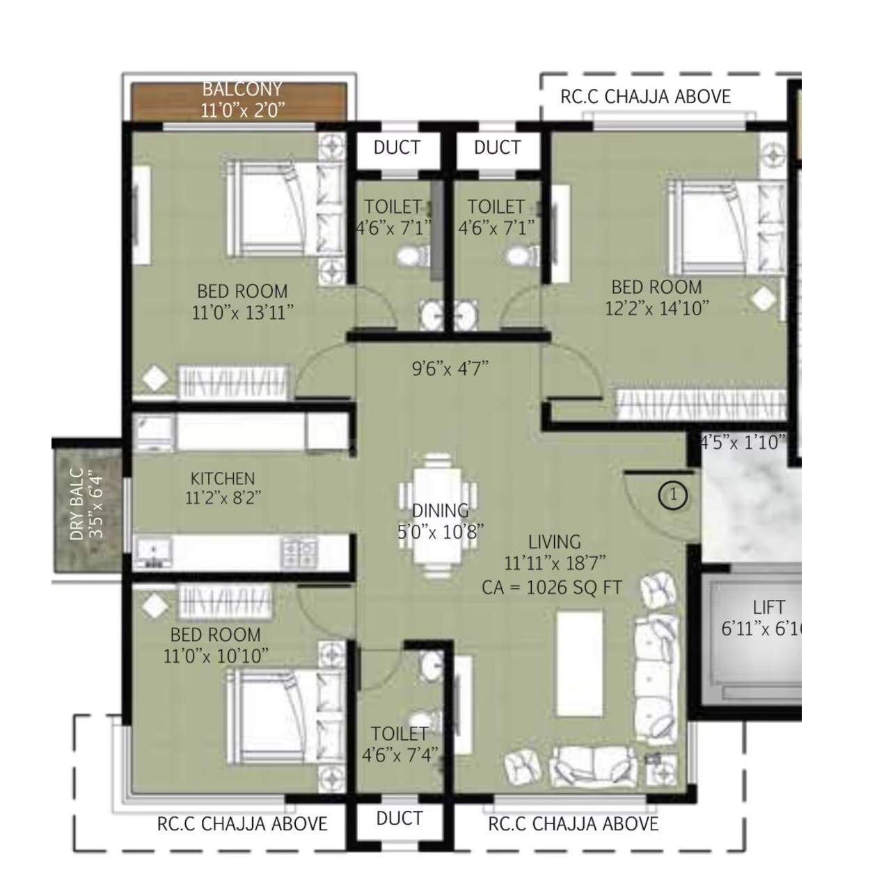Floor plan of 3 BHK 990 Sq. Ft. Apartment in Zee Sahyadri, Mumbai