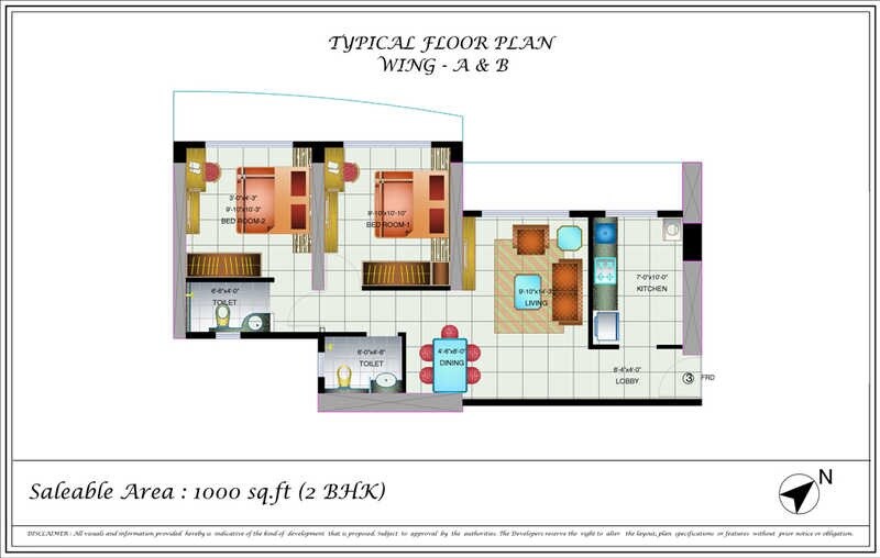 Floor plan of 2 BHK Apartment - 1000 sq. ft. in Zeus Residency, Mumbai
