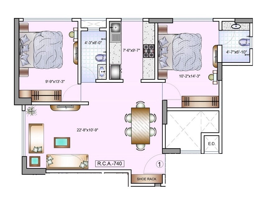 Floor plan of 2 BHK 740 Sq. Ft. Apartment in Zodiac Anjaneshwar, Mumbai