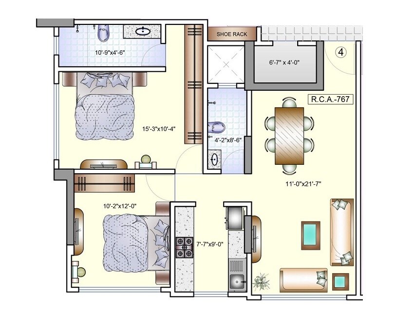 Floor plan of 2 BHK 767 Sq. Ft. Apartment in Zodiac Anjaneshwar, Mumbai