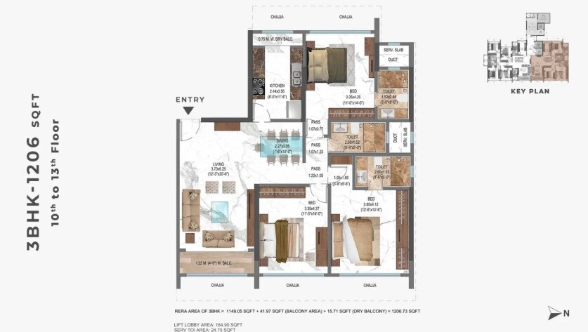Floor plan of 3 BHK 1206 Sq. Ft. Apartment in ZYJ Sequoia, Mumbai