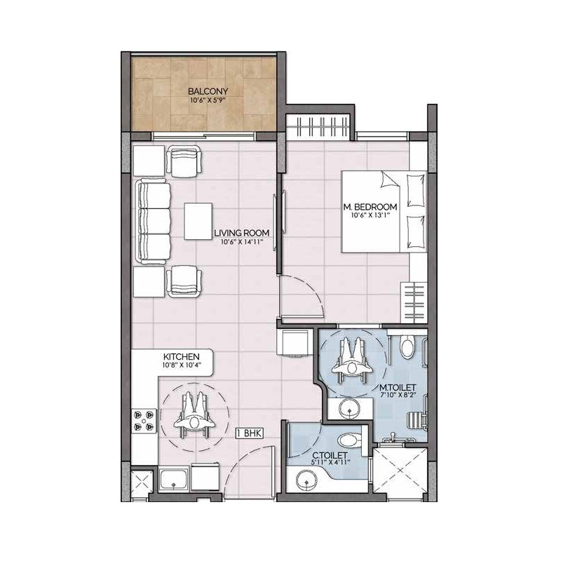Floor plan of 1 BHK Apartment - 528 sq. ft. in Columbia Serene Sagara, Mysore