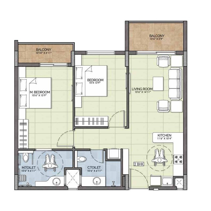 Floor plan of 2 BHK Apartment - 759 sq. ft. in Columbia Serene Sagara, Mysore
