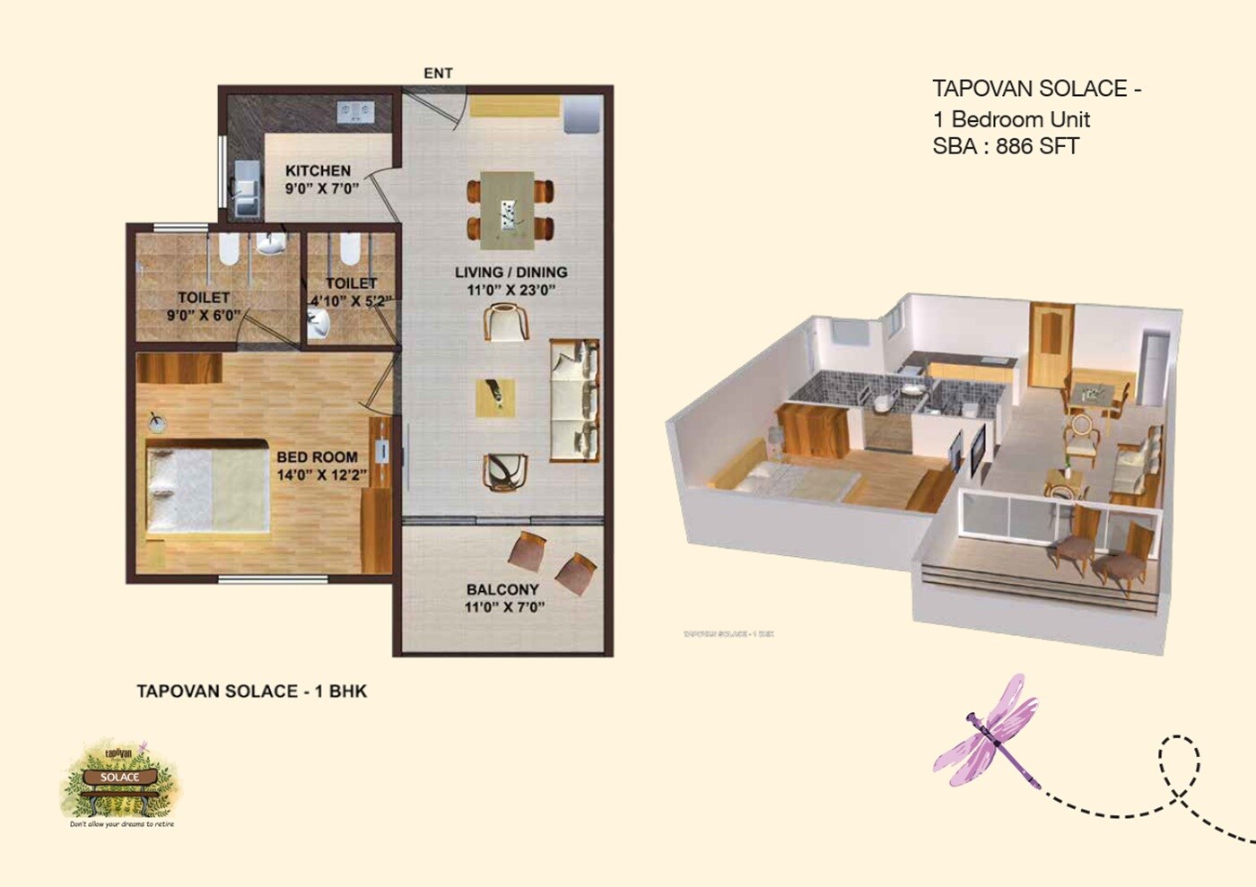 Floor plan of 1 BHK Apartment - 886 sq. ft. in Tapovan Solace, Mysore