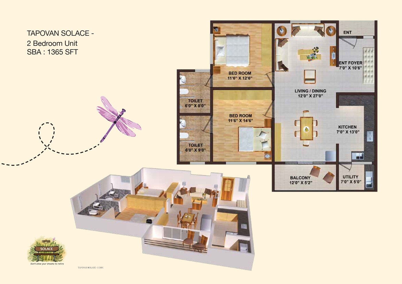 Floor plan of 2 BHK Apartment - 1365 sq. ft. in Tapovan Solace, Mysore