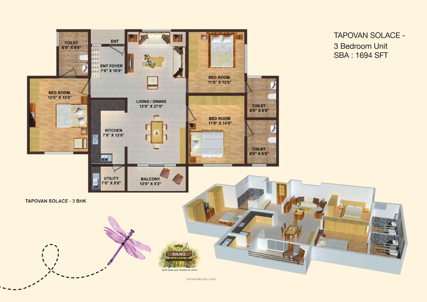Floor plan of 3 BHK Apartment - 1694 sq. ft. in Tapovan Solace, Mysore