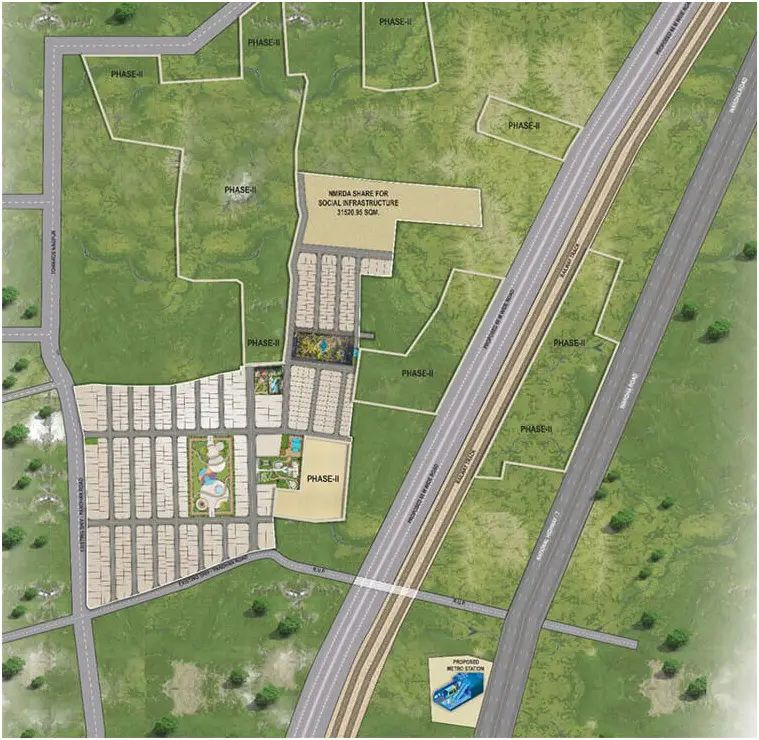 Ozen-Infinia-City_an aerial view of a grassy area with a train on the track