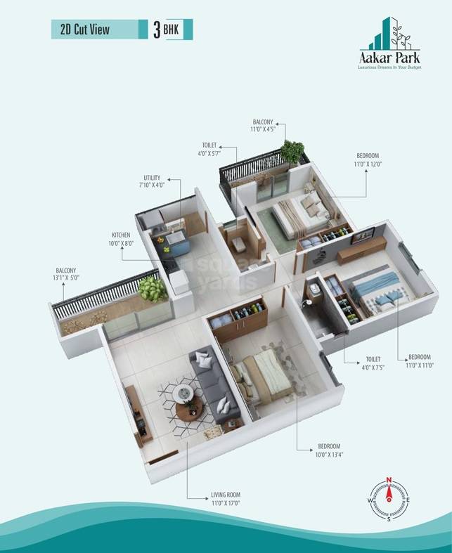 Floor plan of 3 BHK 790 Sq. Ft. Apartment in Aakar Park, Nagpur