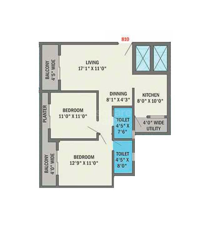 Floor plan of 2 BHK 671 Sq. Ft. Apartment in Atharva Sapphire Towers, Nagpur