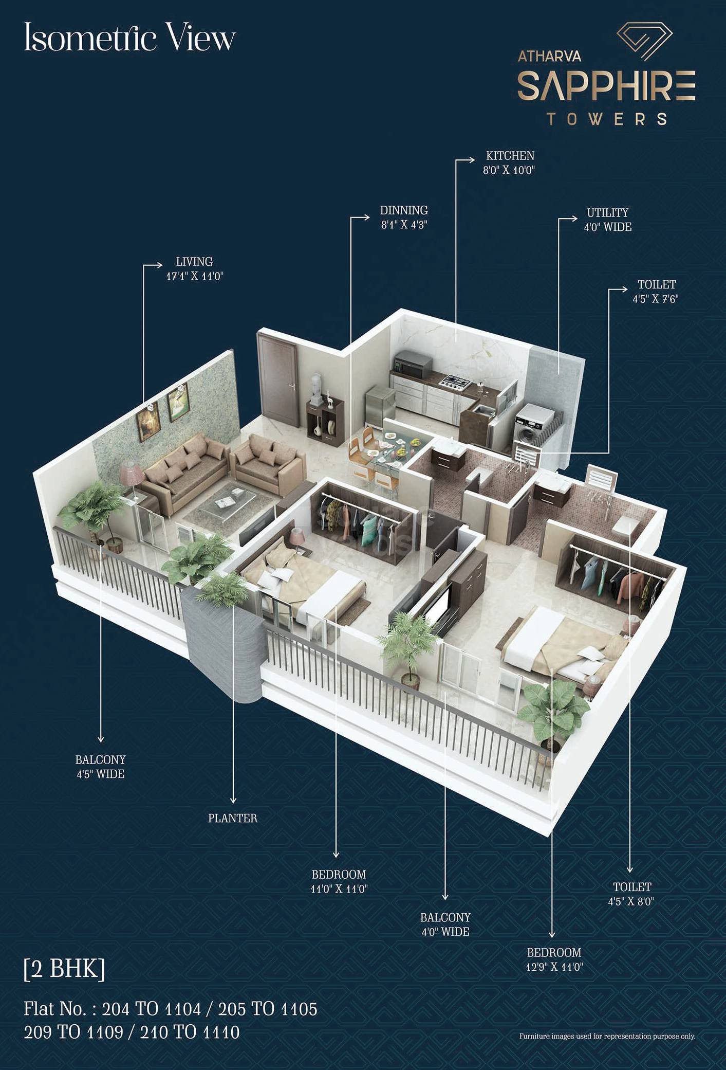 Floor plan of 2 BHK 728 Sq. Ft. Apartment in Atharva Sapphire Towers, Nagpur