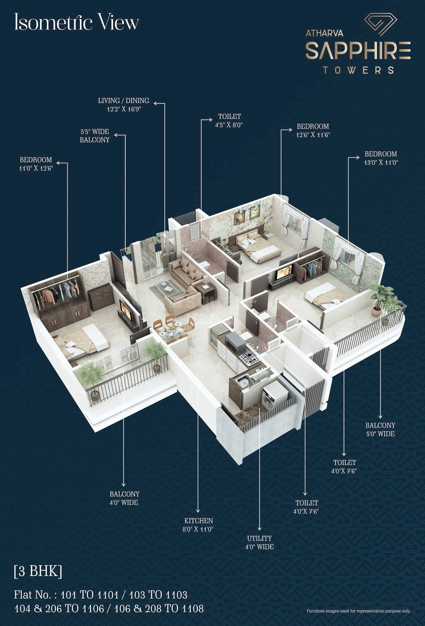 Floor plan of 3 BHK 768 Sq. Ft. Apartment in Atharva Sapphire Towers, Nagpur