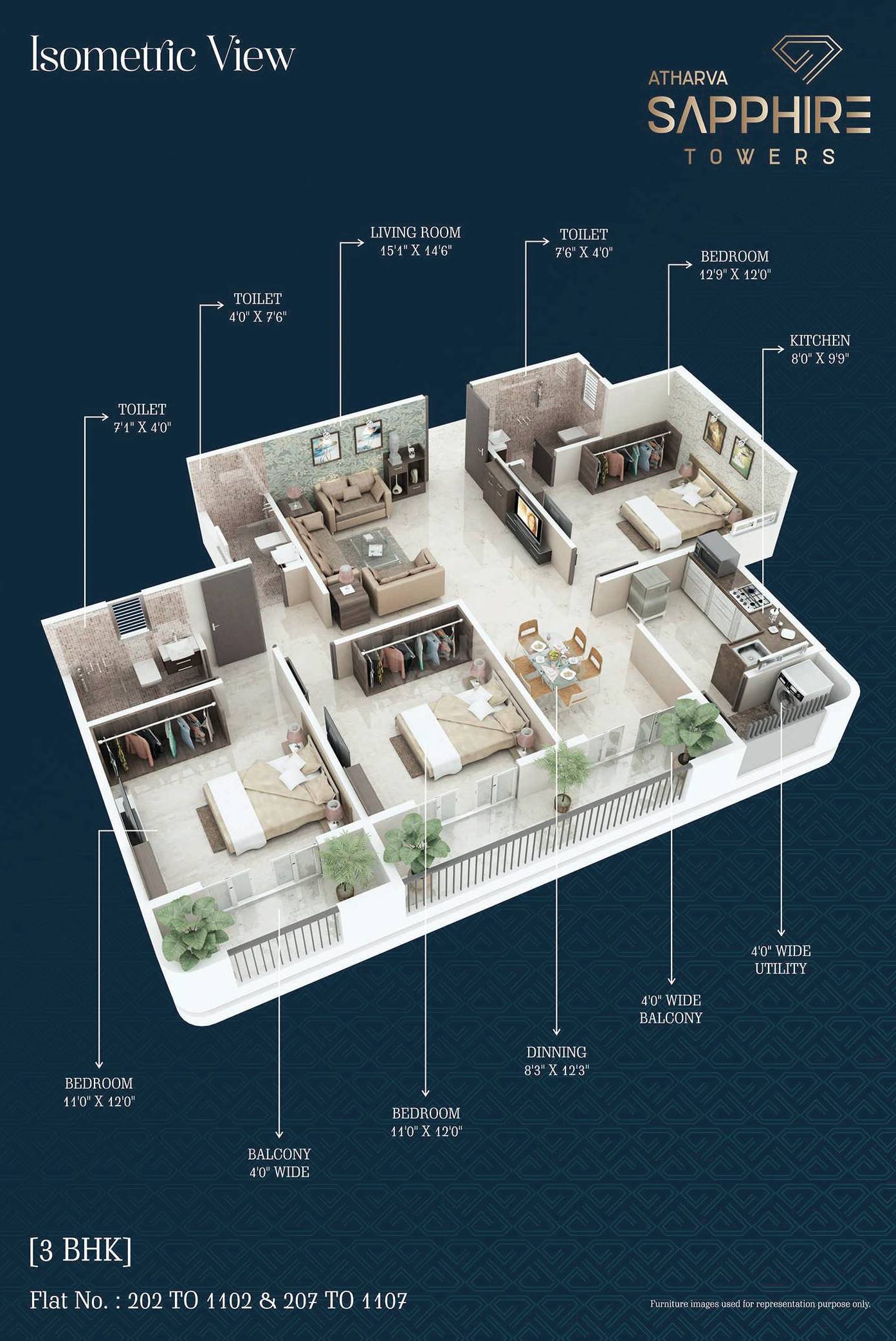 Floor plan of 3 BHK 973 Sq. Ft. Apartment in Atharva Sapphire Towers, Nagpur
