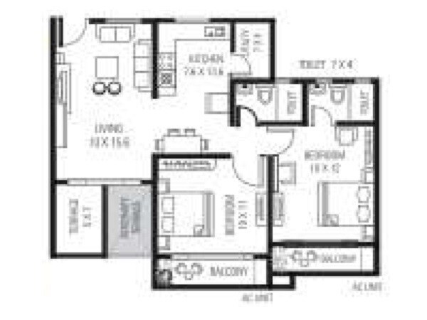 Floor plan of 2 BHK 560 Sq. Ft. Apartment in Bhumesh Aarish Residency, Nagpur