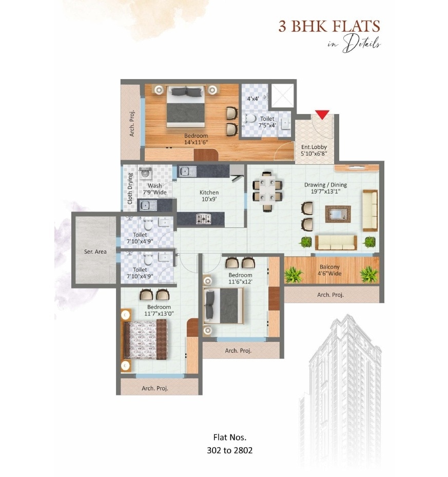 Floor plan of 3 BHK 1998 Sq. Ft. Apartment in Concrete Shree Ram Skyline, Nagpur