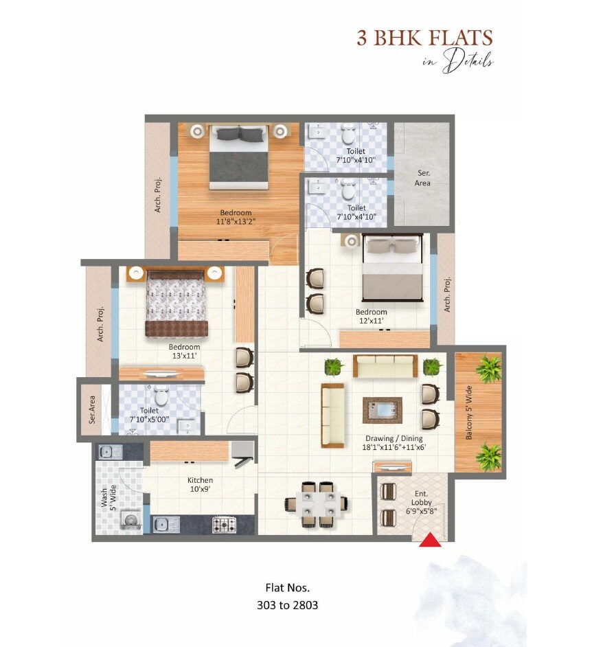 Floor plan of 3 BHK 2106 Sq. Ft. Apartment in Concrete Shree Ram Skyline, Nagpur