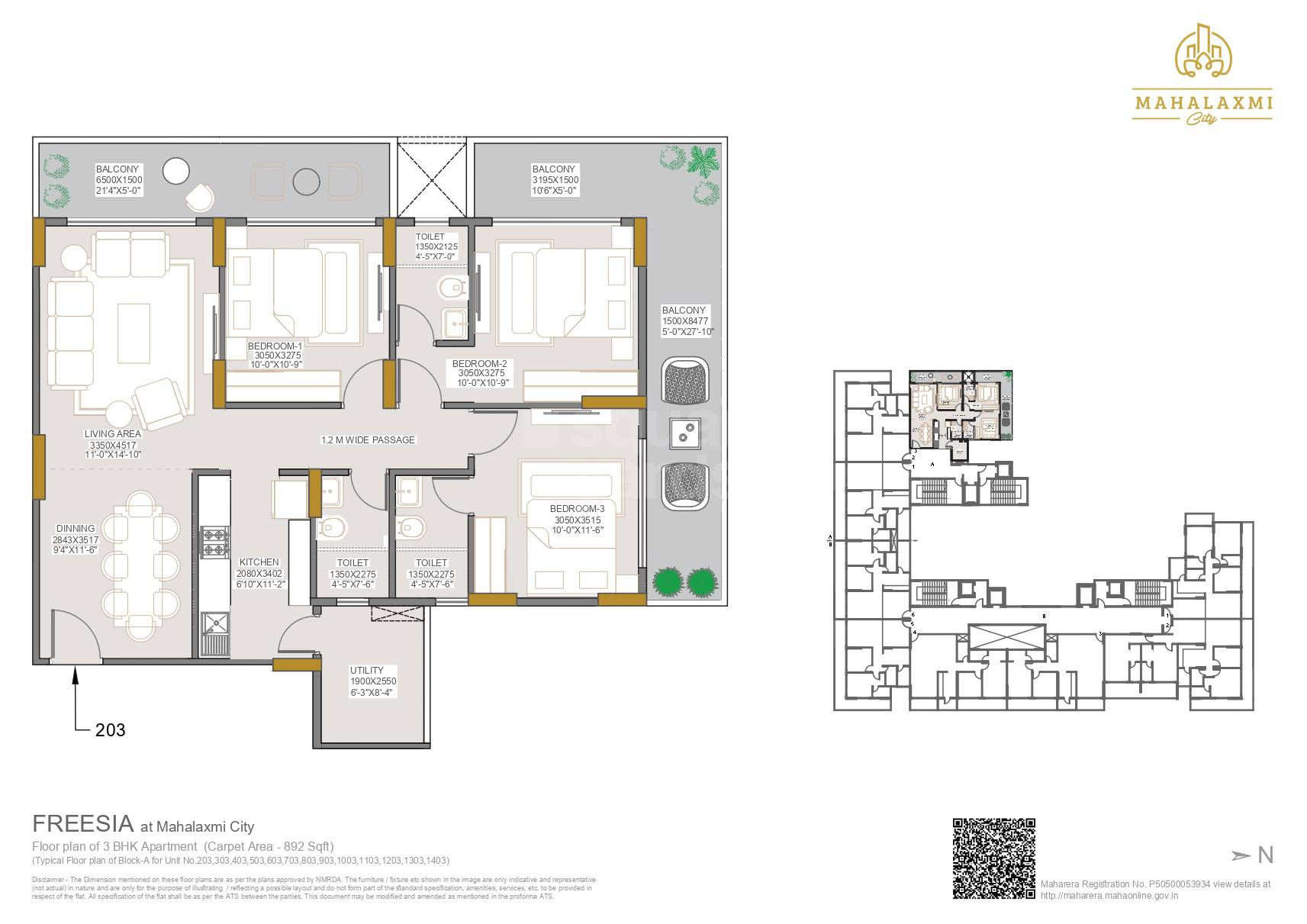 3 BHK 892 Sq. Ft. Apartment