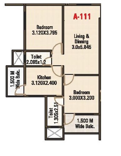 Floor plan of 2 BHK 574 Sq. Ft. Apartment in DHL Singapore Life City, Nagpur