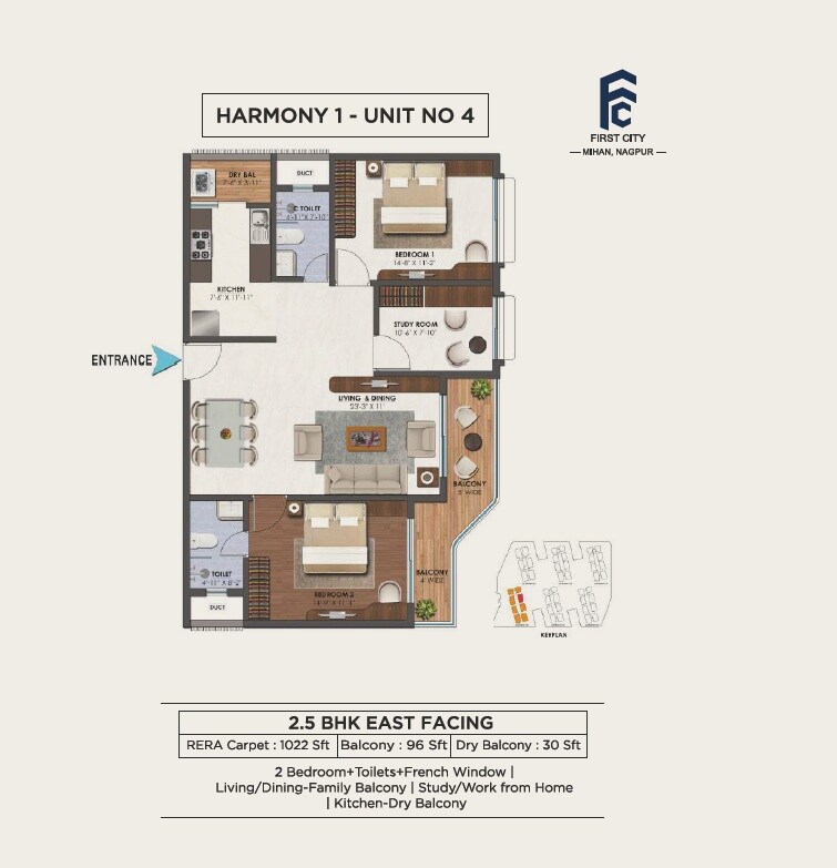 Floor plan of 2 BHK 1022 Sq. Ft. Apartment in First City Harmony, Nagpur