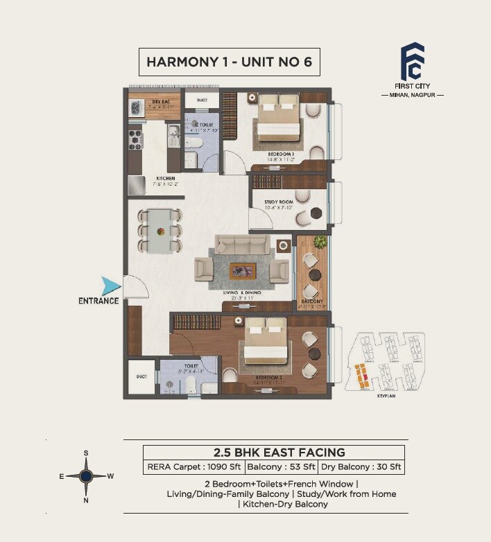 Floor plan of 2 BHK 1090 Sq. Ft. Apartment in First City Harmony, Nagpur
