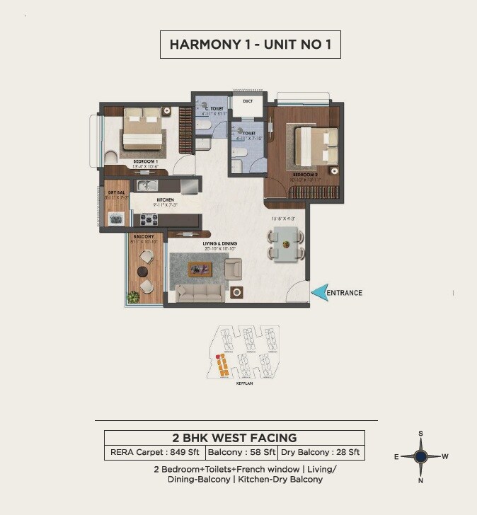 Floor plan of 2 BHK 849 Sq. Ft. Apartment in First City Harmony, Nagpur