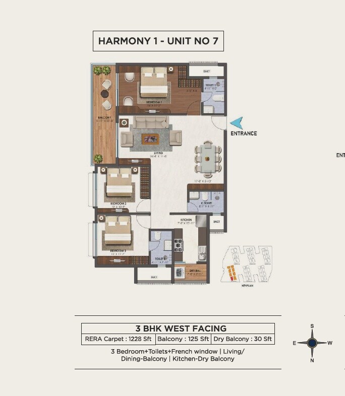 Floor plan of 3 BHK 1228 Sq. Ft. Apartment in First City Harmony, Nagpur