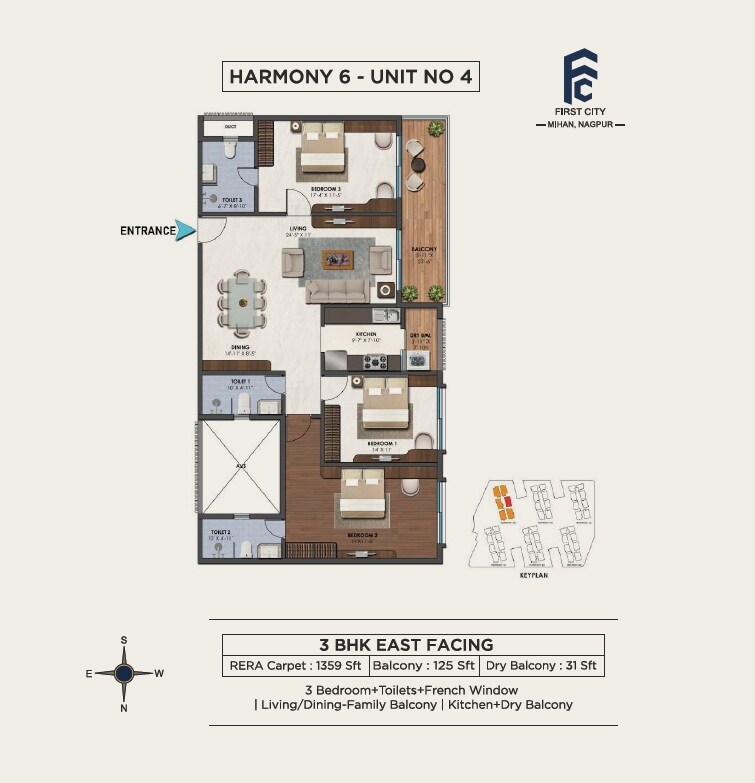 Floor plan of 3 BHK 1359 Sq. Ft. Apartment in First City Harmony, Nagpur