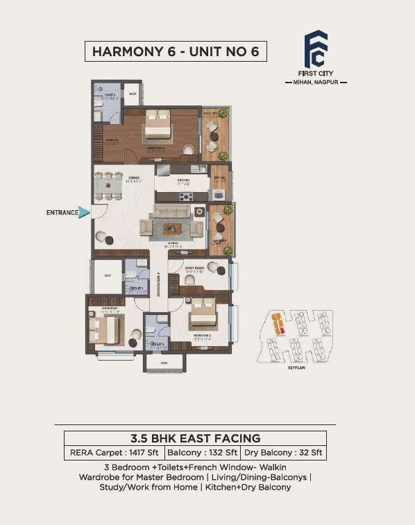 Floor plan of 3 BHK 1417 Sq. Ft. Apartment in First City Harmony, Nagpur