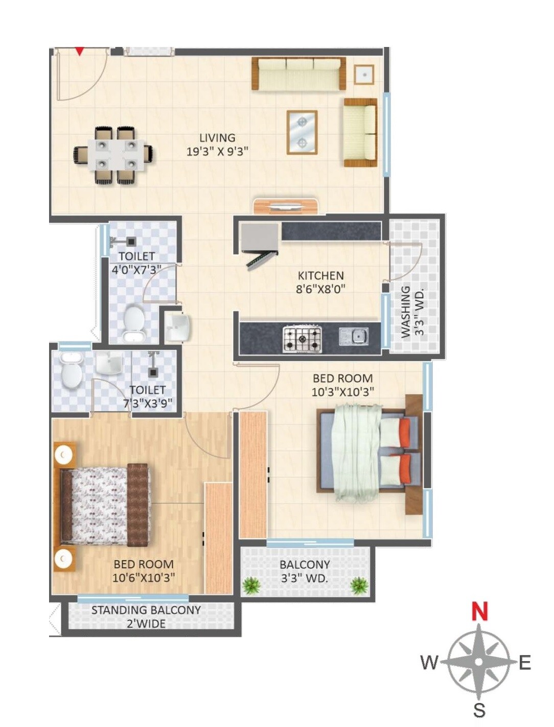 Floor plan of 2 BHK 965 Sq. Ft. Apartment in Kartik Ayodhya Residency, Nagpur