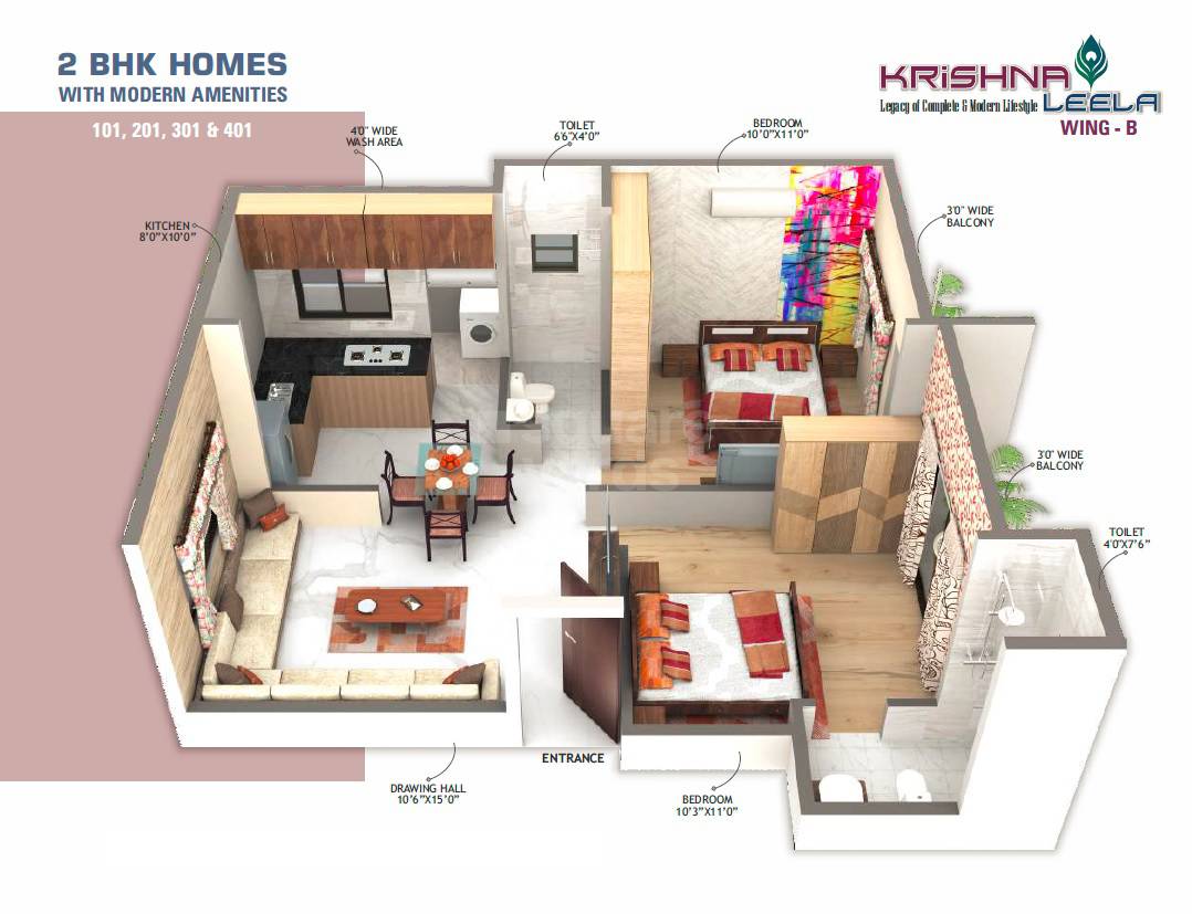 Floor plan of 2 BHK 689 Sq. Ft. Apartment in Krishna Leela Jaitala, Nagpur