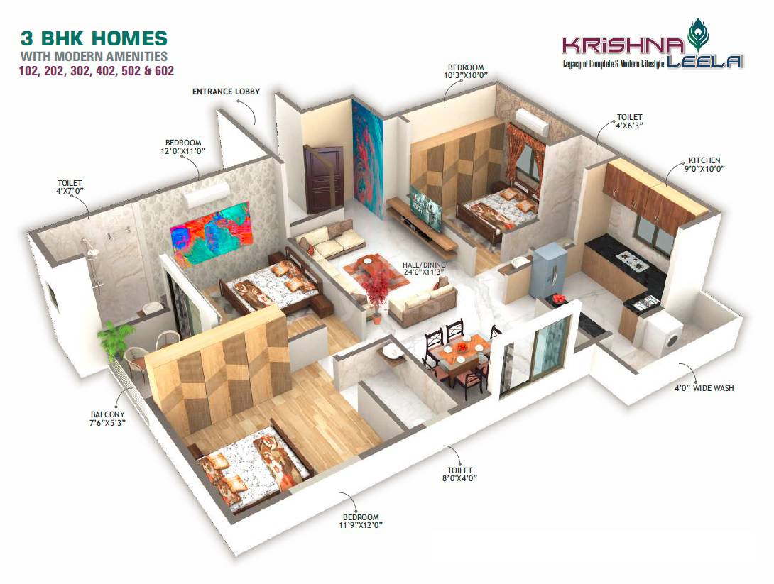 Floor plan of 3 BHK 764 Sq. Ft. Apartment in Krishna Leela Jaitala, Nagpur