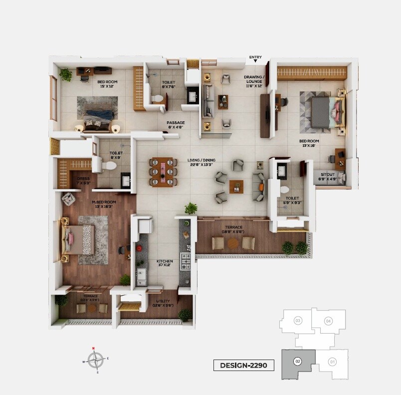Floor plan of 3 BHK 1392 Sq. Ft. Apartment in Kukreja Paris City, Nagpur