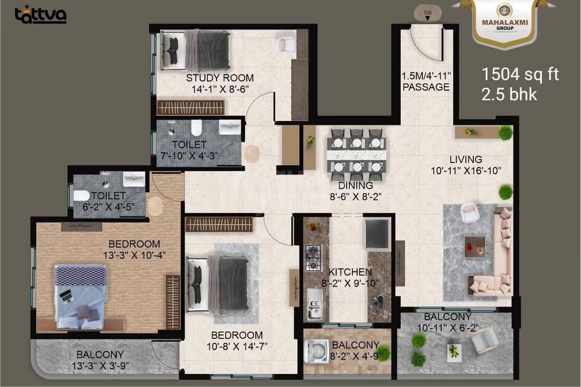 Floor plan of 2 BHK 1114 Sq. Ft. Apartment in Mahalaxmi Tattva Apas, Nagpur