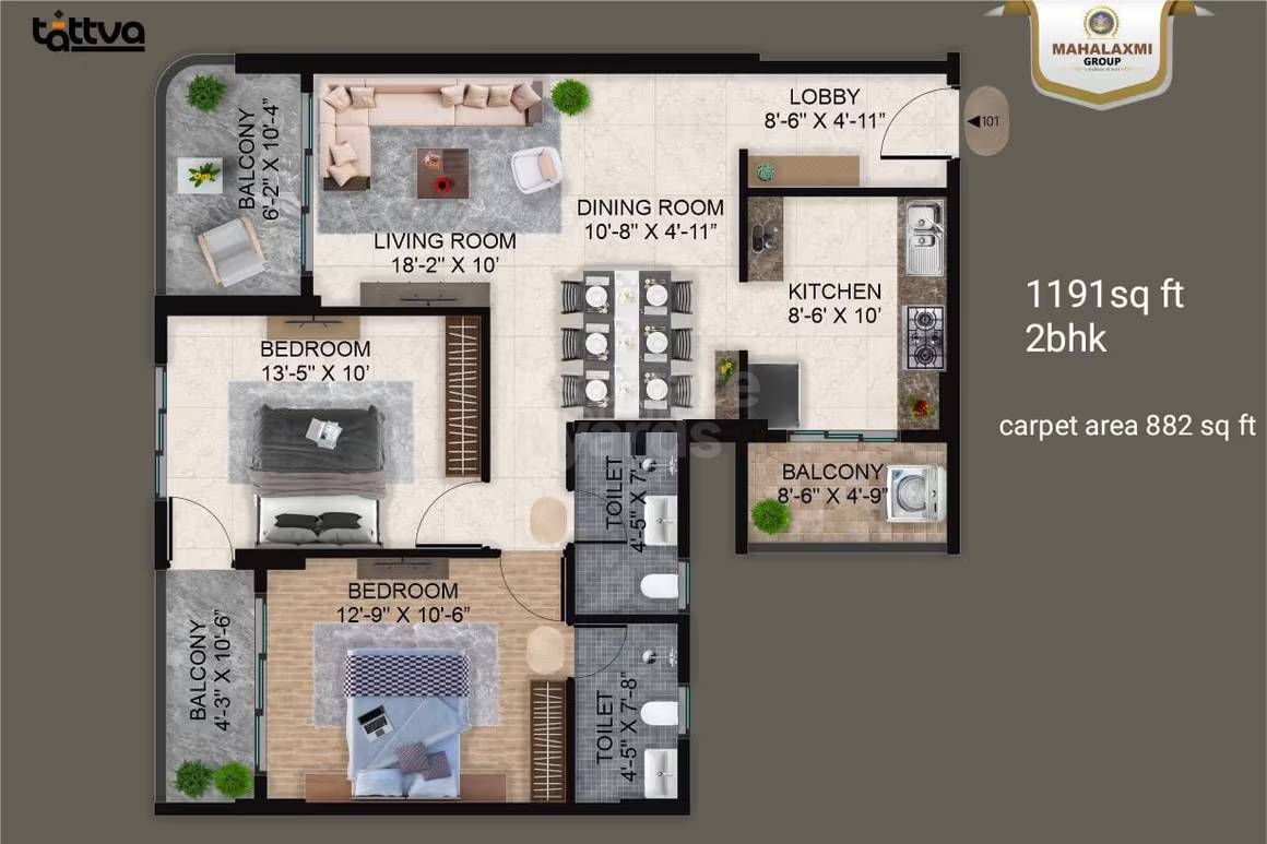 Floor plan of 2 BHK 882 Sq. Ft. Apartment in Mahalaxmi Tattva Apas, Nagpur