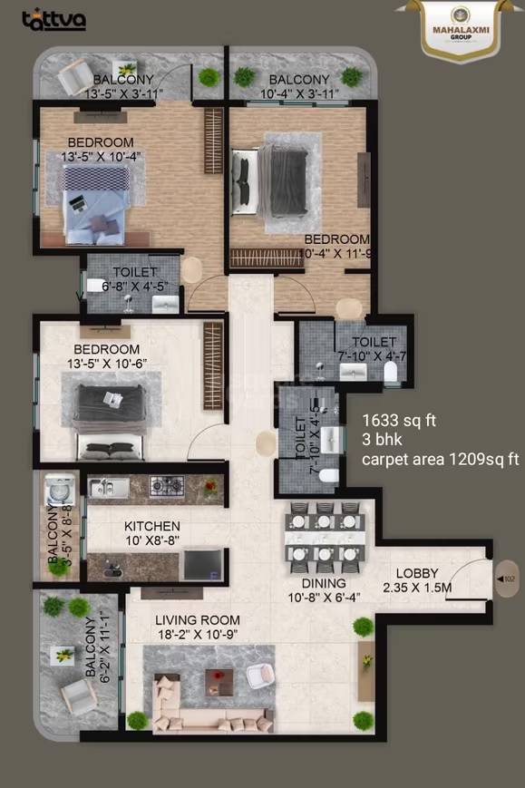 Floor plan of 3 BHK 1209 Sq. Ft. Apartment in Mahalaxmi Tattva Apas, Nagpur
