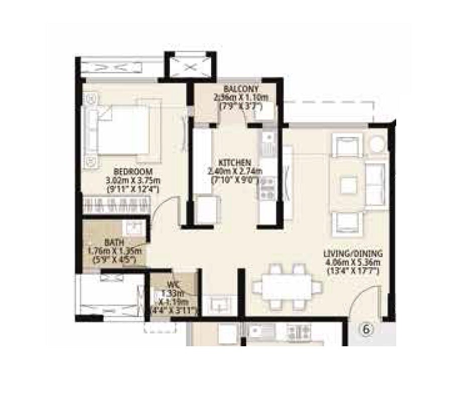 Floor plan of 1 BHK 563 Sq. Ft. Apartment in Mahindra Bloomdale, Nagpur