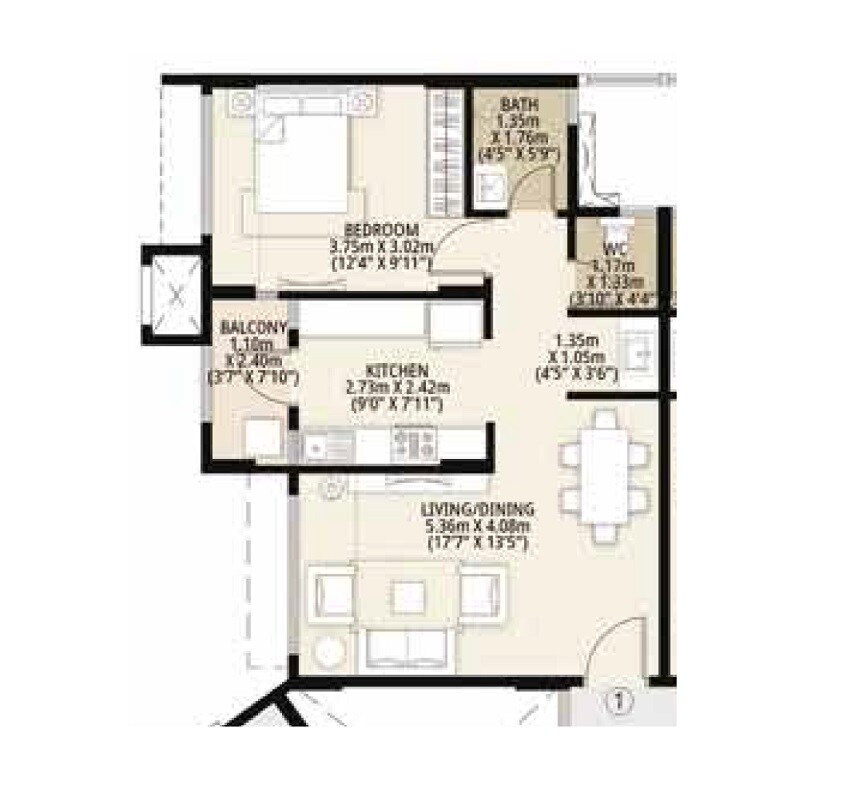 1 BHK 564 Sq. Ft. Apartment