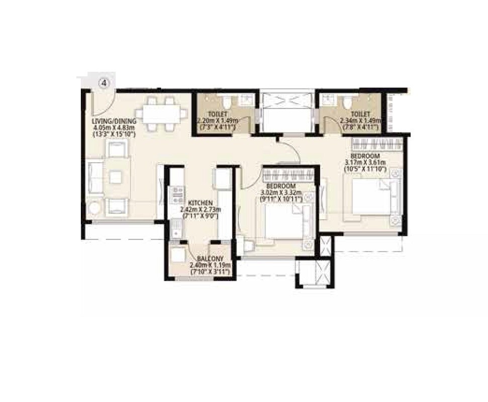 Floor plan of 2 BHK 705 Sq. Ft. Apartment in Mahindra Bloomdale, Nagpur
