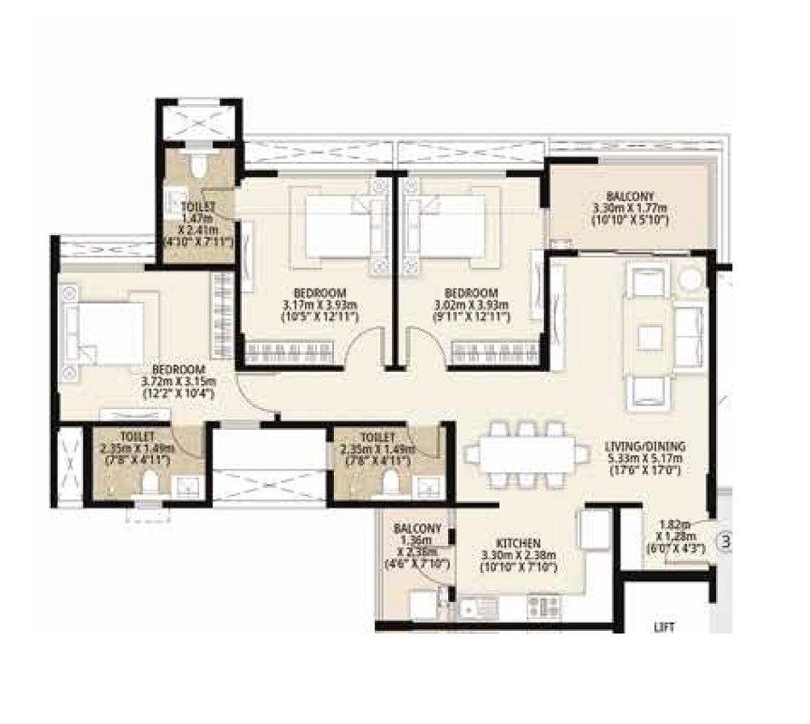 Floor plan of 3 BHK 1088 Sq. Ft. Apartment in Mahindra Bloomdale, Nagpur