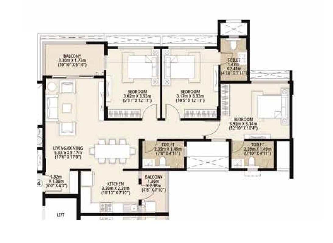 Floor plan of 3 BHK 1096 Sq. Ft. Apartment in Mahindra Bloomdale, Nagpur