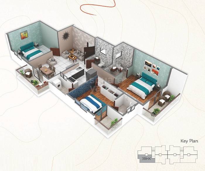 Floor plan of 3 BHK 766 Sq. Ft. Apartment in Meher Ganga, Nagpur
