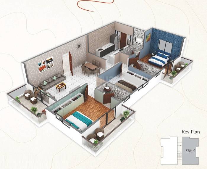 Floor plan of 3 BHK 967 Sq. Ft. Apartment in Meher Ganga, Nagpur