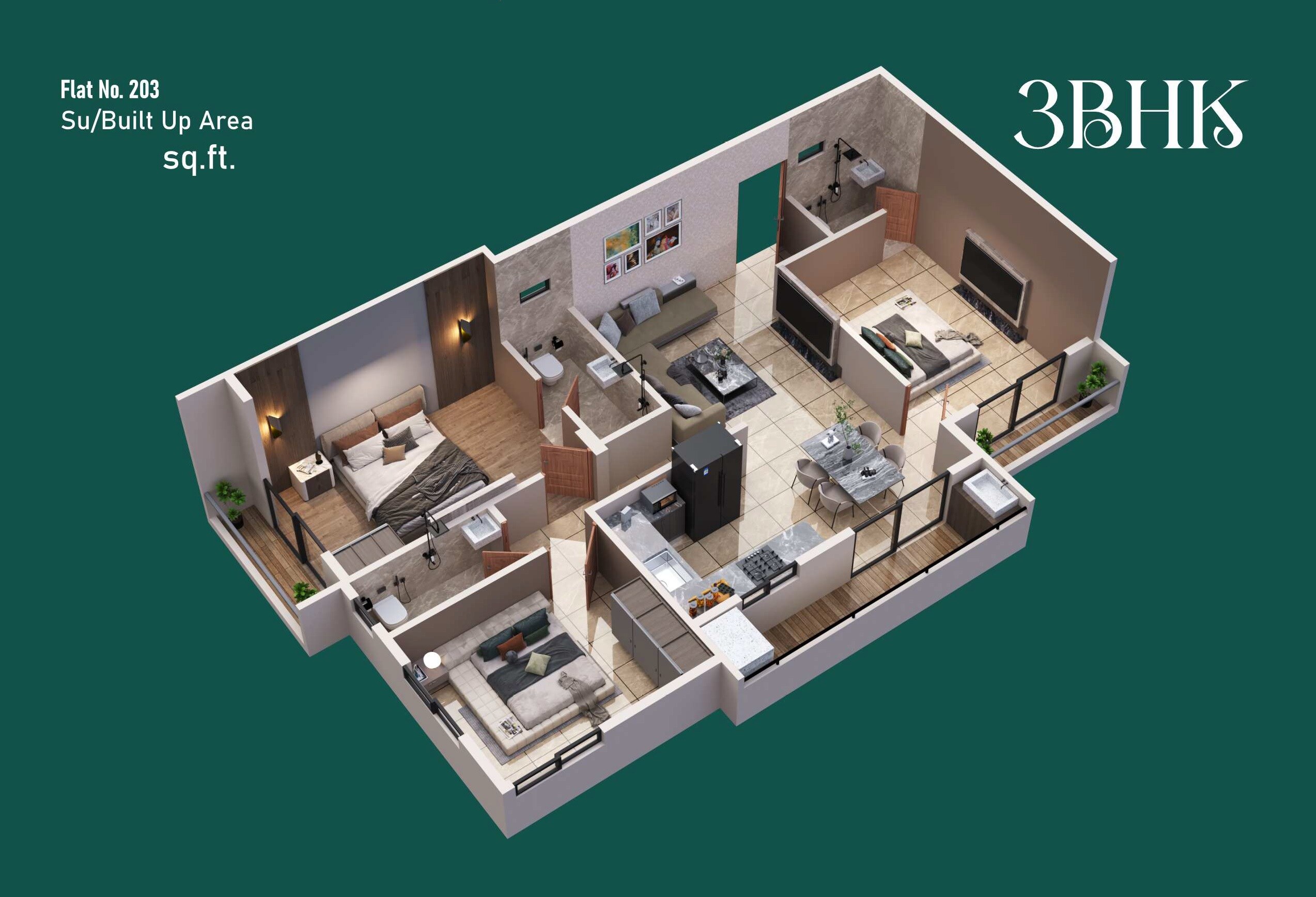 Floor plan of 3 BHK 972 Sq. Ft. Apartment in Landmarks Orchid Shivneri, Nagpur