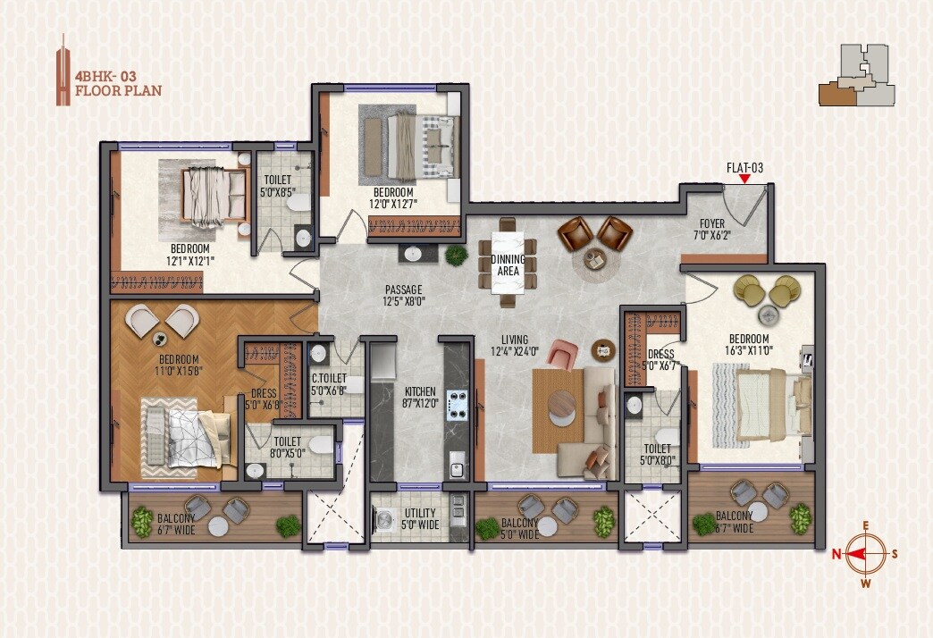 Floor plan of 4 BHK 2835 Sq. Ft. Apartment in Pars Central Park Tower, Nagpur
