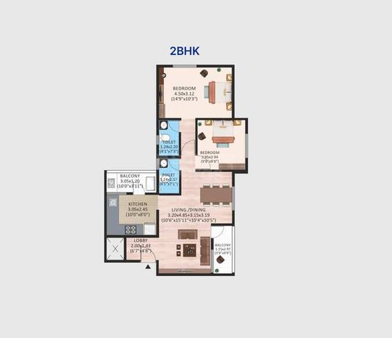Floor plan of 2 BHK 599 Sq. Ft. Apartment in Rachana Ekaa, Nagpur